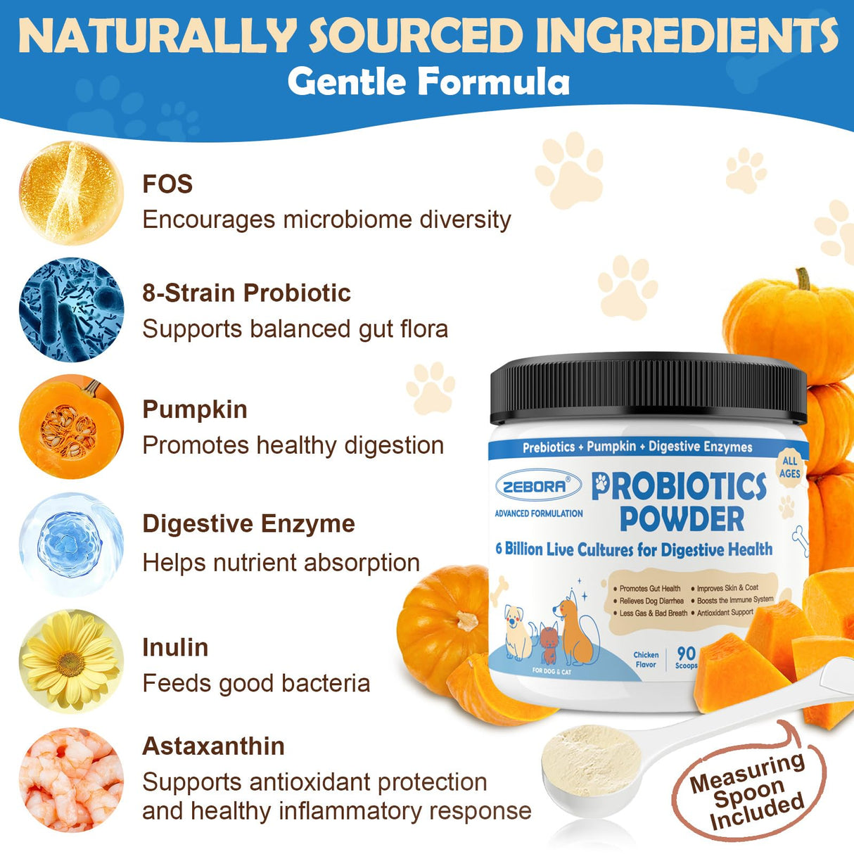 Probiotic Powder for Dogs with Pumpkin, Prebiotics & Digestive Enzymes, 6 Billion CFUs Dog Probiotics for Digestive Health, Diarrhea & Itchy Skin Relief, Chicken Flavor, 90 Scoops