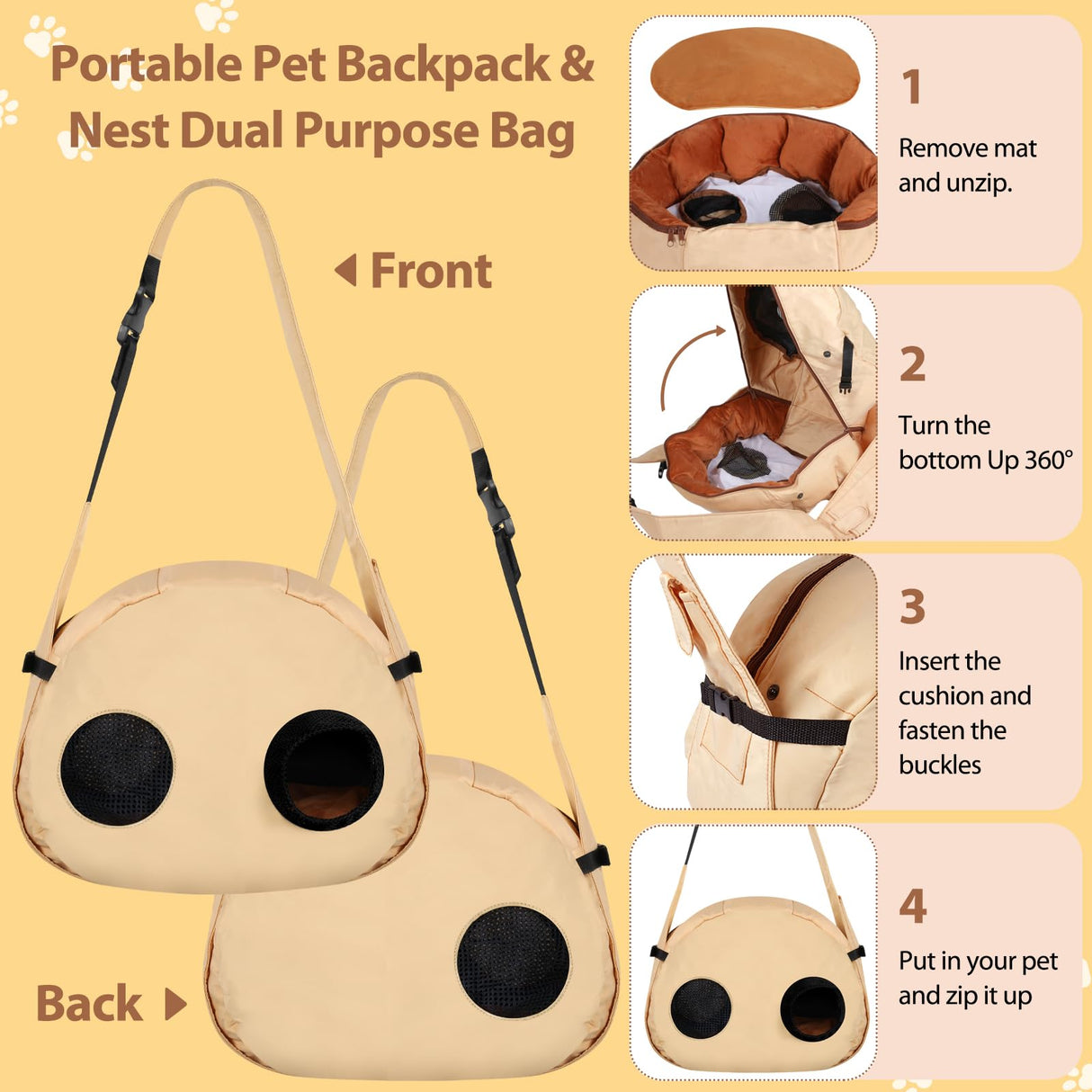 2-in-1 Convertible Pet Sling Carrier & Bed - with Breathable Mesh, Adjustable Strap & Pocket，for Travel, Vet Visit & Home Use, Up to 22lbs (KAKI)