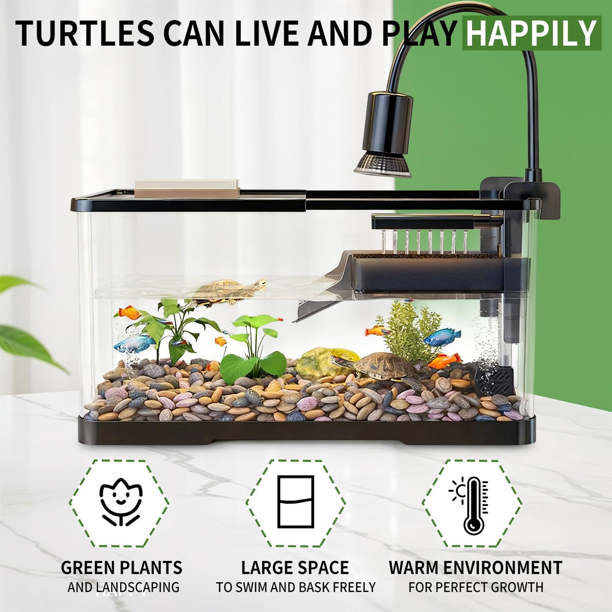 (Tank + Light +Pump + Filter + Filter Balls) Turtle Tank Kit, Turtle Tank Starter Kit,Bottom Drainage, Multi-Function Areas for Turtles, Crabs,Fishes, Amphibians,Reptiles. (21.65 x 12.28 x12.28 Inch)