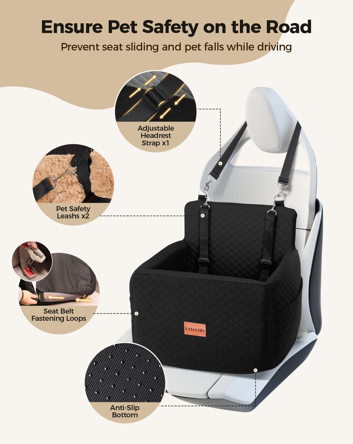 Petcozife Dog Car Seat for Small & Medium Dogs Under 35lbs, Detachable & Washable Pet Car Seat, Interior Height 6 Inches Pet Travel Bed with Storage Pockets and 2 Dog Safety Belts (Black)