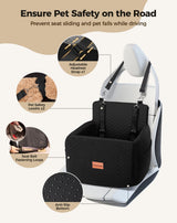 Petcozife Dog Car Seat for Small & Medium Dogs Under 35lbs, Detachable & Washable Pet Car Seat, Interior Height 6 Inches Pet Travel Bed with Storage Pockets and 2 Dog Safety Belts (Black)