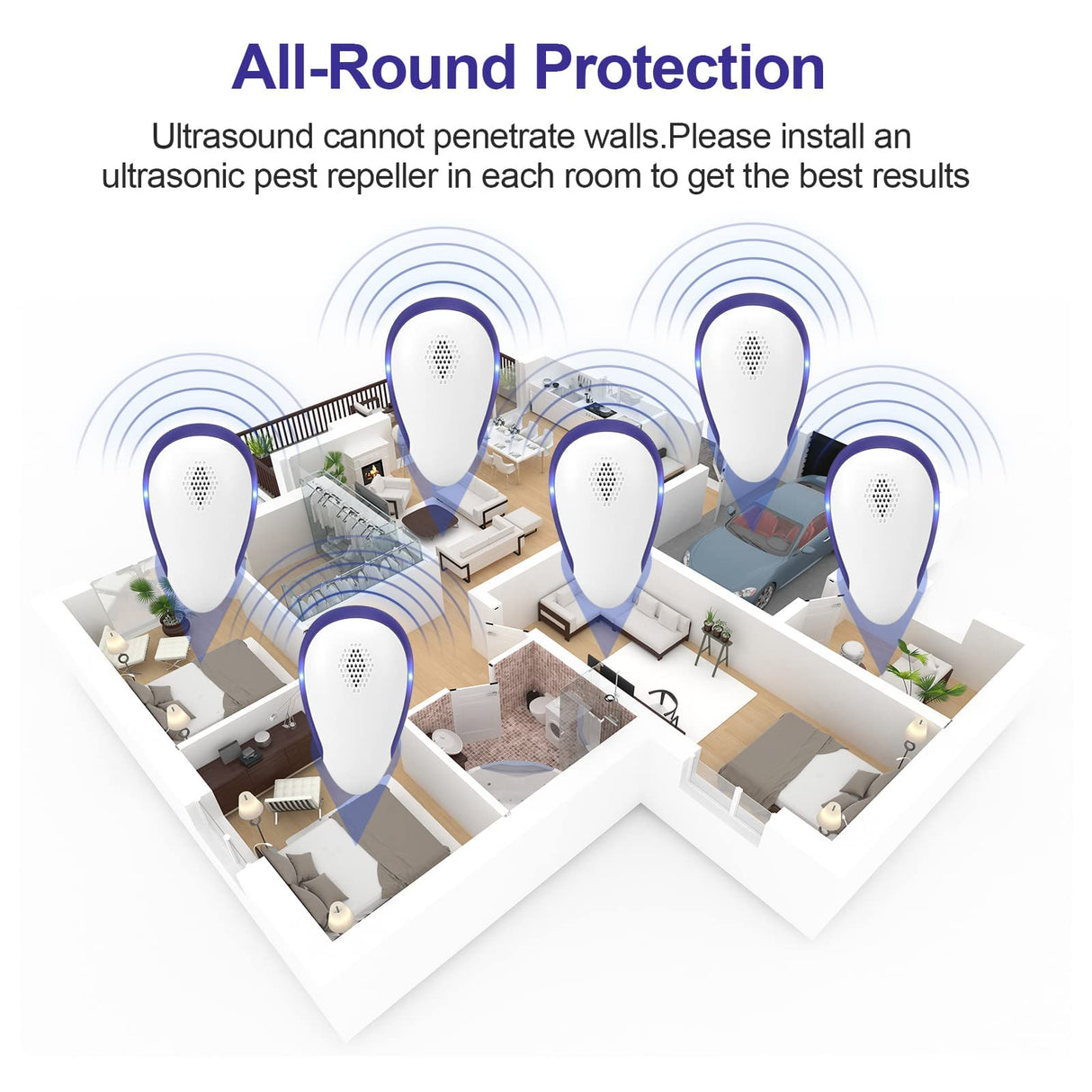 KONIGEVA Ultrasonic Pest Repeller,Pest Control Repeller,High Frequency Ultrasound Electronic Pest-Outdoor Repeller for Mosquito,Mice,Roach,Spider,Insects,Rat, Flea(6 Packs), White