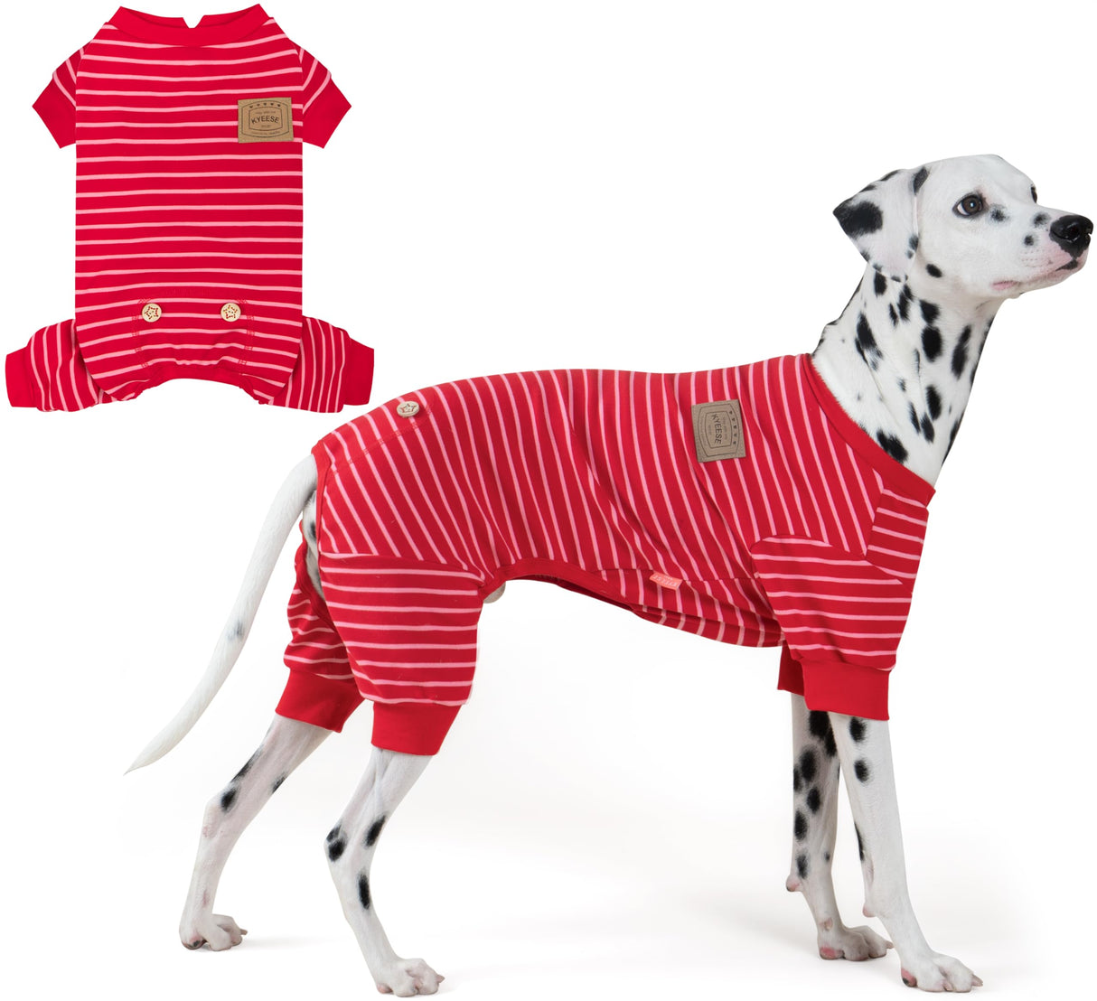 KYEESE Dog Pajamas, Striped Pet PJS Velvet Fleece Doggie Jammies, 4 Legs Outfit Soft Dog Pajamas, Cozy Pet Clothes Onesie, Comfortable PJS for Large Dogs,Red Striped,XXX-Large
