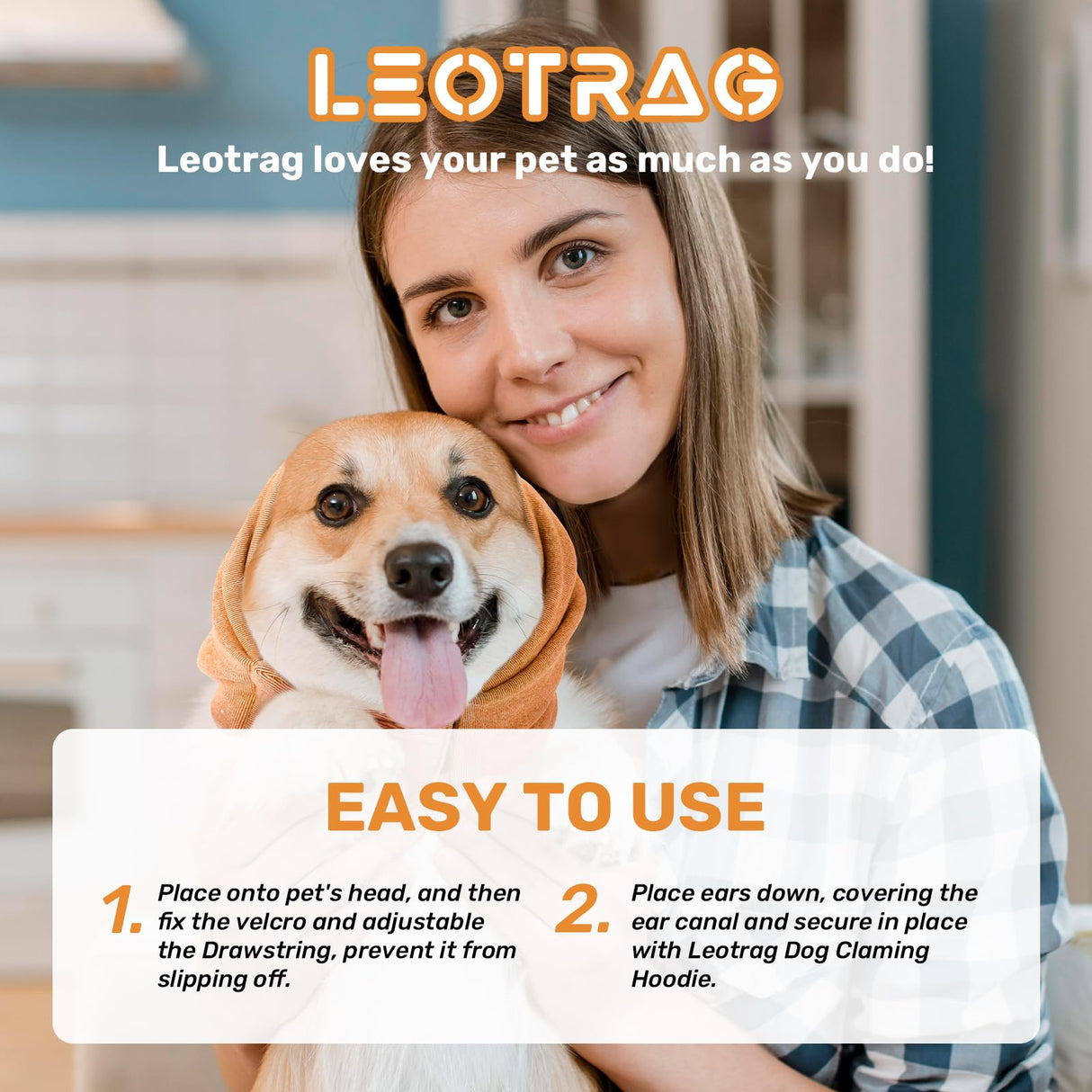 LEOTRAG Dog Calming Hoodie, No Shake Ear Wraps for Dogs, Adjustable Dog Ear Muffs for Noise Protection, Ear Wrap Head Cover for Anxiety Relief & Hematoma (Vitality Orange, L(Head Circle:17.7"-23.6"))