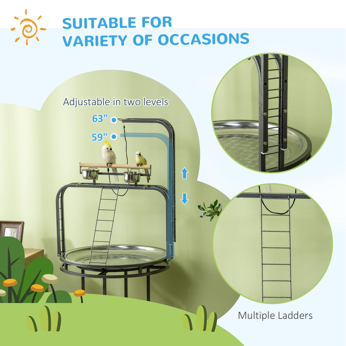 PawHut Parrot Stand Large Bird Perch Stand with Toy Hook & 3 Ladders, Parrot Perch with Easy Grip, Bird Wooden Stand, Gray