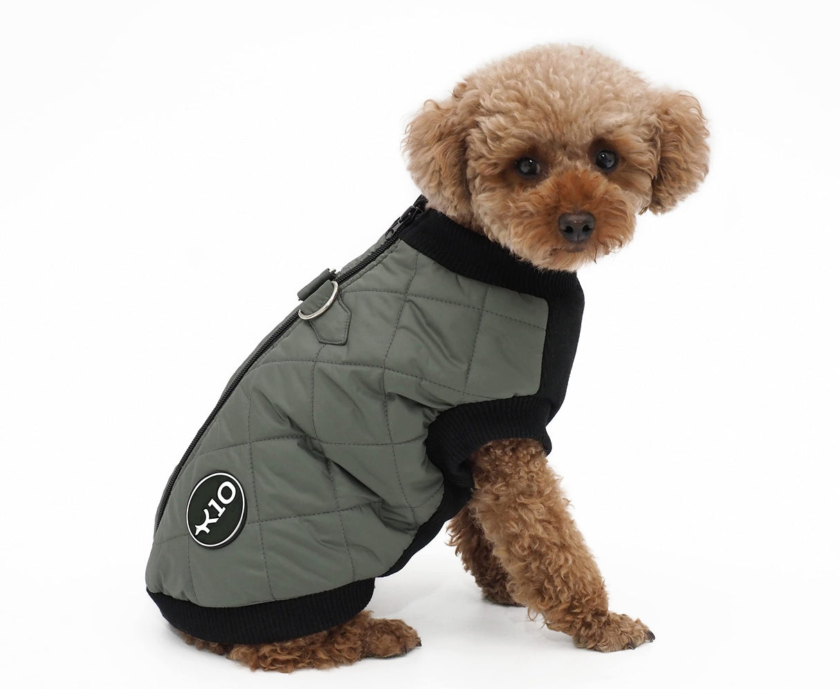 K10 Quiltee Coat - Warm Dog Coat with Leash Attachment - Water Resistant Jacket with Leash Ring - Built in D Ring Harness - Fleece Lined Vest - Lighter Than a Sweater - Small Dogs (S, Olive Green)
