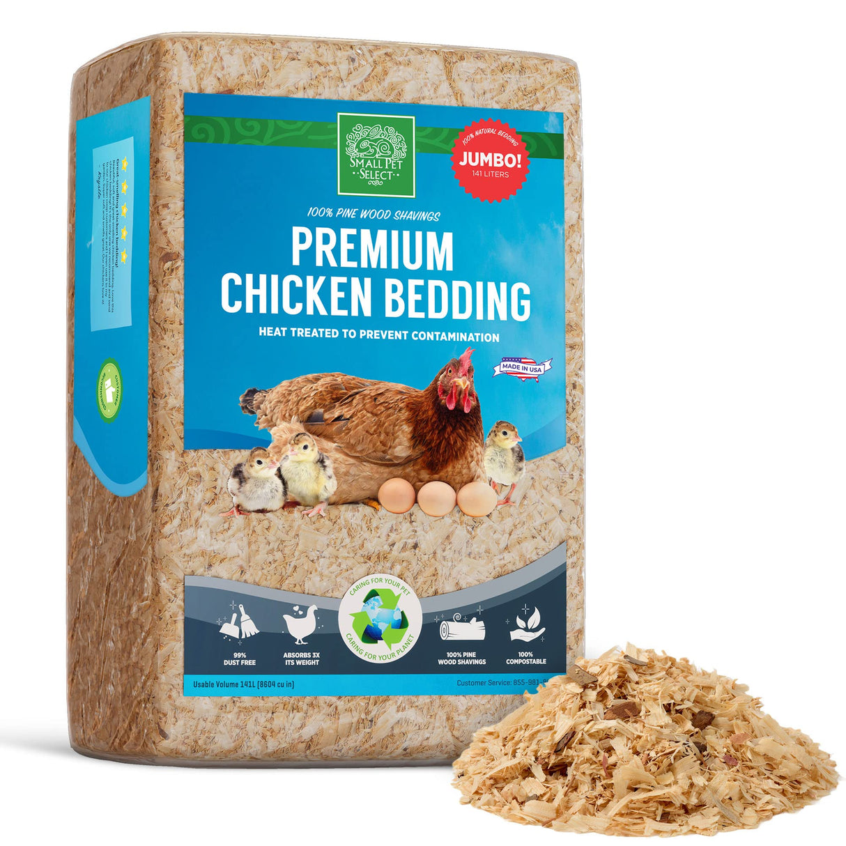 Small Pet Select Pine Shavings Chicken Bedding, Chicken Coop Bedding, Wood Shavings, Great for Hen Nesting Boxes and Chick Brooders, 141L