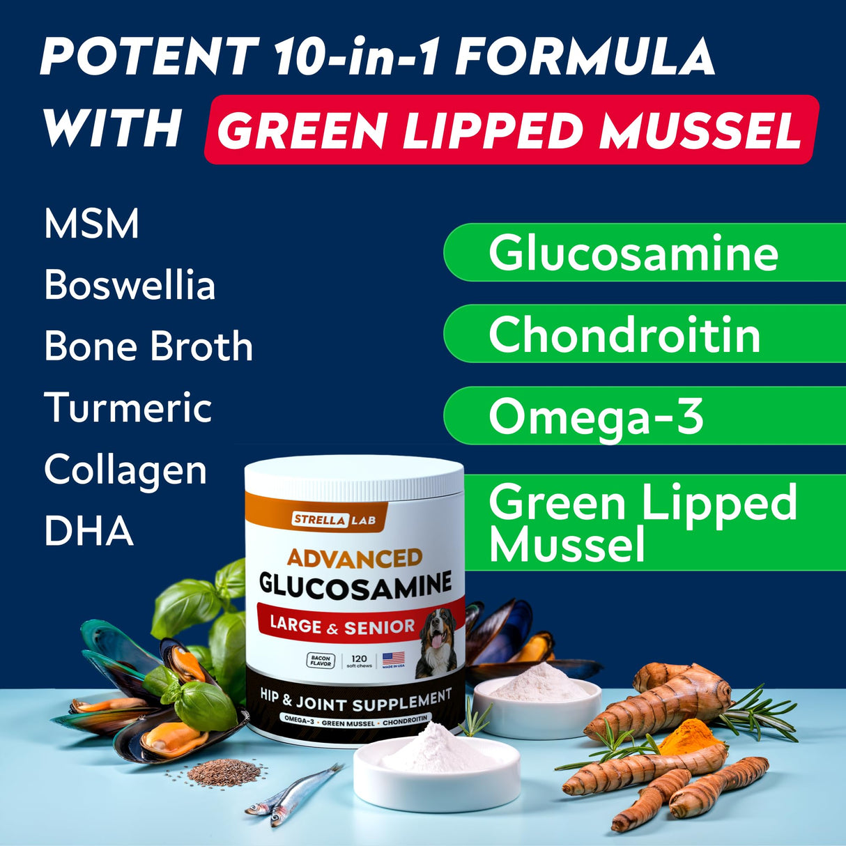 STRELLALAB Advanced Glucosamine Hip & Joint Supplement for Senior Dogs - Green Lipped Mussel & Collagen - Hip & Joint Pain Relief - Large & Small Breed - Joint Health - Bacon - 120 Chews