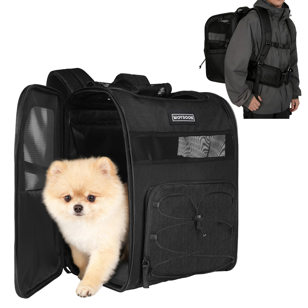 Hiking Dog Carrier Backpack, Adjustable Waist Cushioning Belt with Breathable Padded Back Support, Dog Carrier for Hiking with 5 Pockets, Dog Carrier Backpack for Small Dogs Max 13LB Black