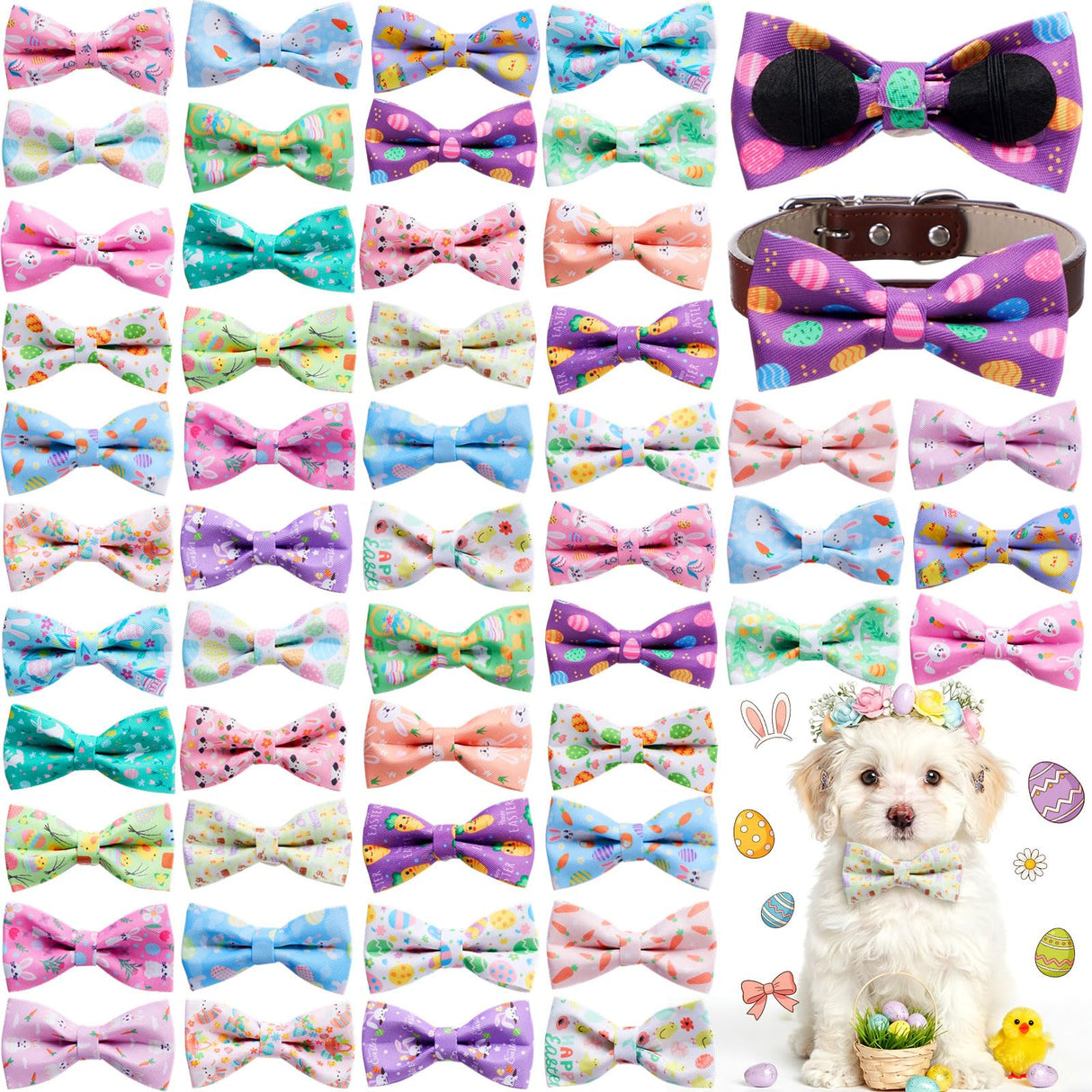 Hillban 50 Pcs Easter Dog Collar Bowties Rabbits Chicks Eggs Carrots Collar Dogs Accessories Attachment with Elastic Bands Detachable Charms for Pets Holiday Costume Photo Props Accessories Shops