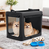 KMFurnila Dog Travel Crate 36 Inch, Portable Soft-Sided Travel Carriers for Dogs and Cats, Foldable Pet Kennel with 3-Doors Mesh Windows Indoor & Outdoor, Black