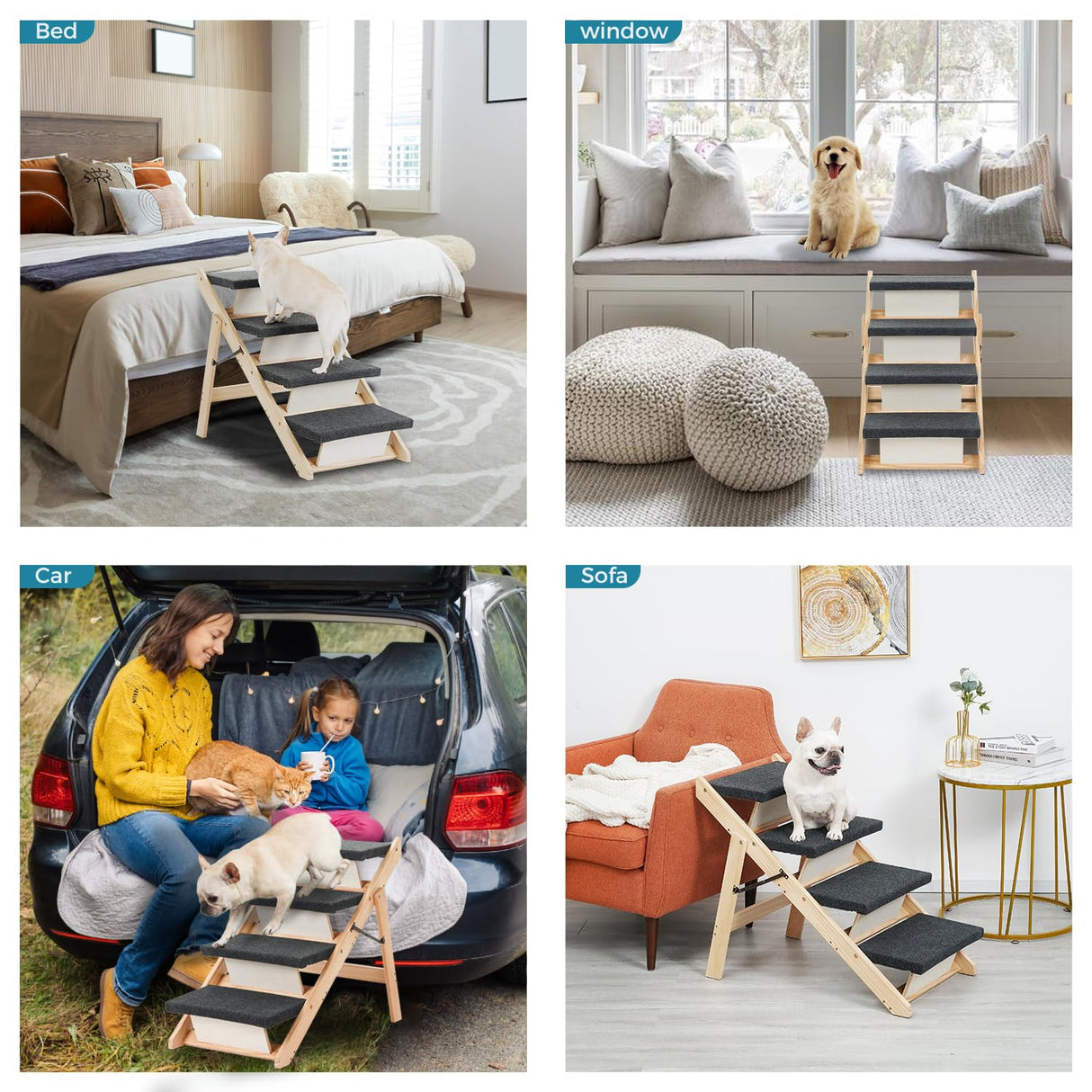 MEWANG Wood Pet Stairs & Ramp for Small/Medium Dogs and Cats, Aging Pets – 3-in-1 Foldable, Portable, Non-Slip Pet Ladder for Tall Beds, Couches,Cars–Holds Up to 220 lbs (31.5" L x 17.2" W x 25.0" H)