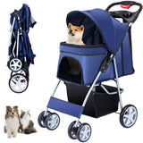 Unisakey 4 Wheels Pet Stroller for Small Medium Dogs Cats 10-33 lbs, Foldable Dog and Cat Stroller with Cup Holder & Storage Basket & Breathable Mesh, Pet Strolling Cart for All-Season, Navy Blue