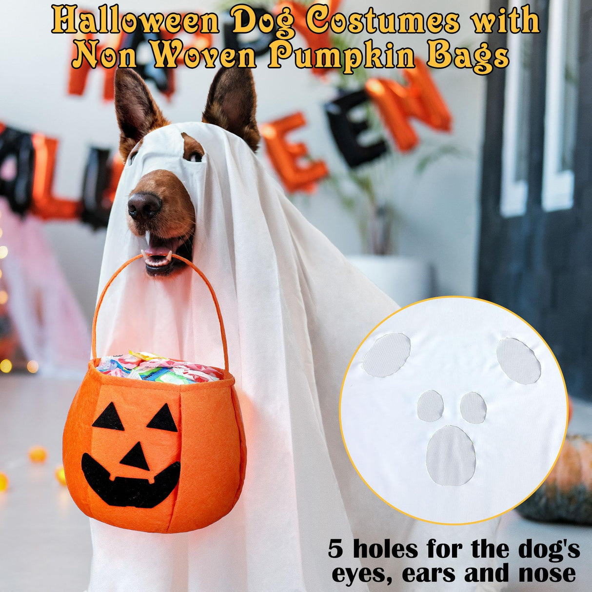 Huhumy 2 Pcs Halloween Dog Costumes with Non Woven Pumpkin Bags White Ghost Costume for Dog Cat Ghost Cosplay Clothes, Cute Party Cape for Halloween Cosplay Party(Puppy)