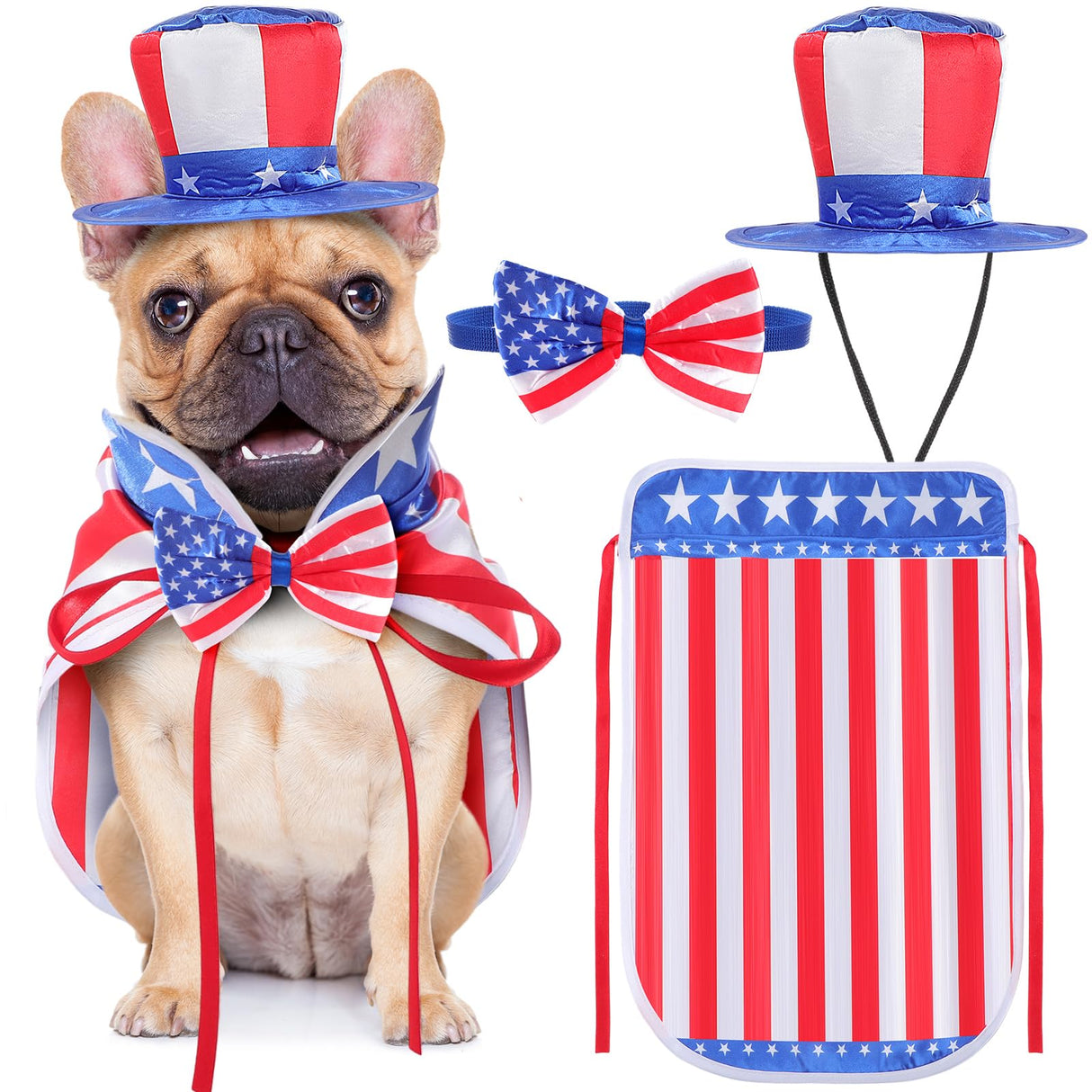 JaGely 3 Pcs 4th of July Dog Outfit Memorial Day Dog Costume Set Includes Top Hat, American Flag Bow Tie Collar and Cape Patriotic Pet Outfit for Dogs Cats Puppy Kitten(S,Classic)