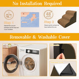 Dog Stairs for Small Dogs, Wide Pet Step with Removable Cover, No Assembly High Density Foam Cat Ramp for Bed or Sofa, 4-Step, Light Brown