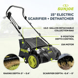 Sun Joe 15-Inch Electric Powered Lawn Dethatcher with Scarifier Blade Reel and Collection Bag - 13-Amp Corded Yard Power Rake Tool Machine for Grass Thatch Removal, AJ805E