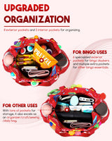 Bingo Bag with Pockets for Bingo Daubers Dabbers Dobbers Red Bingo Bag for Bingo Stuff Supplies Bingo Dauber Bag for Bingo Equipment Bingo Accessories for Women Bingo Prizes for Adults Seniors Elderly