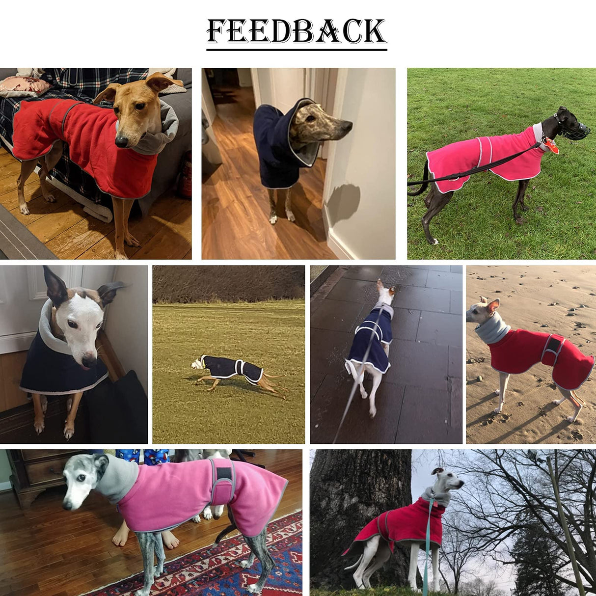 Greyhounds Lurchers Whippets Dog Coats with Reflective Stripe Dog Winter Coat Jacket Fleece Adjustable Band - Navy - S