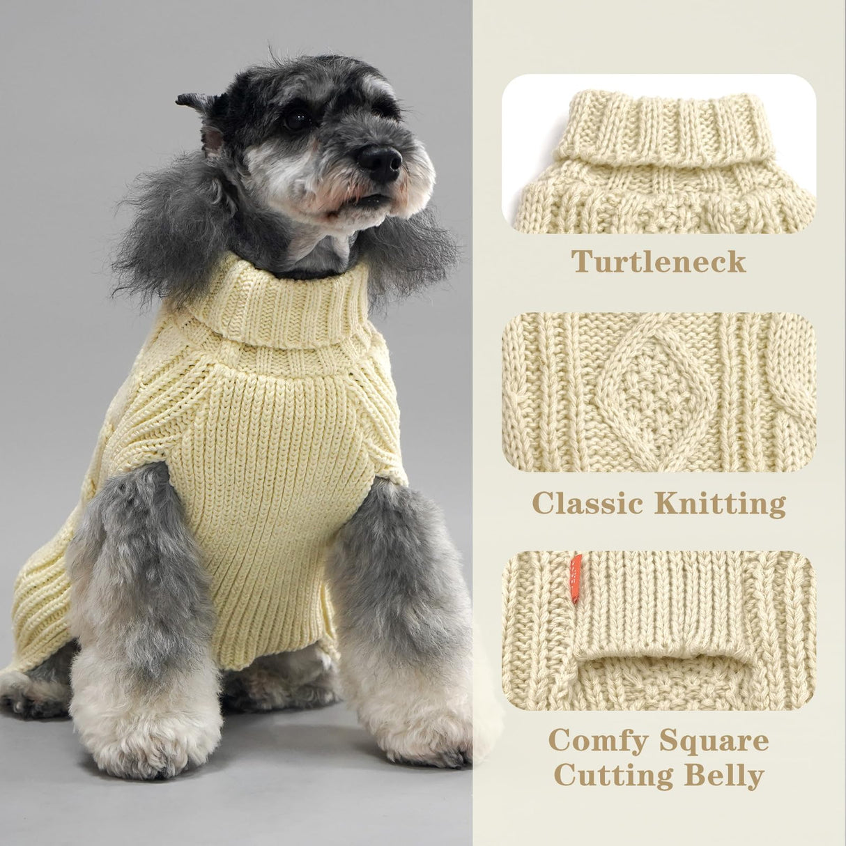 KYEESE Dog Sweaters for Medium Dogs with Golden Thread Turtleneck Dog Cable Knit Pullover Sweaters for Cold Weather, Beige, X-Large