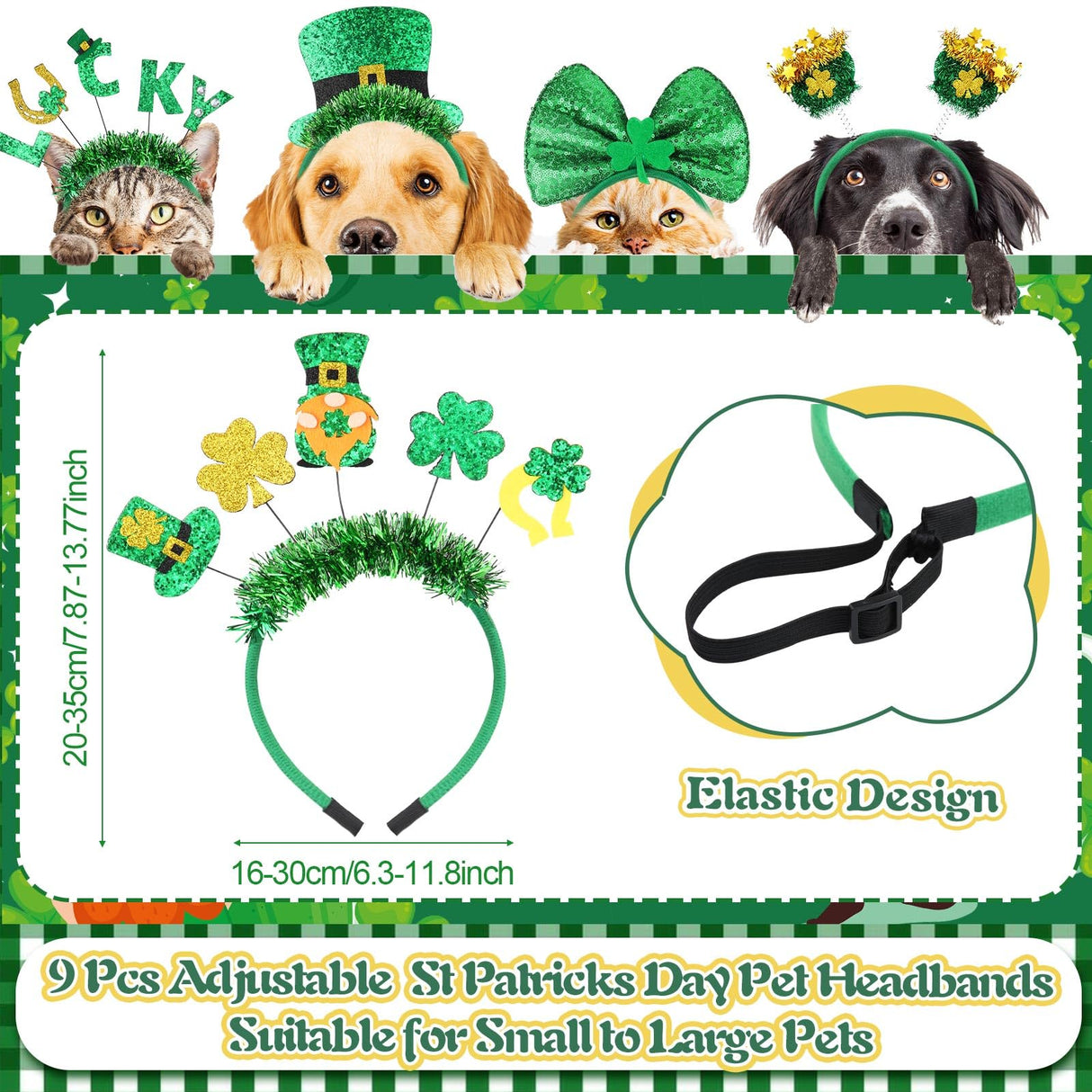 Wavwavw 18 Pcs St Patricks Day Dog Headband Green Shamrock Dog Bandanas Costume Buffalo Plaid Triangle Pet Scarf Adjustable Head Bopper Holiday Pet Costume Accessories for Dogs Puppy Cats Outfit Decor