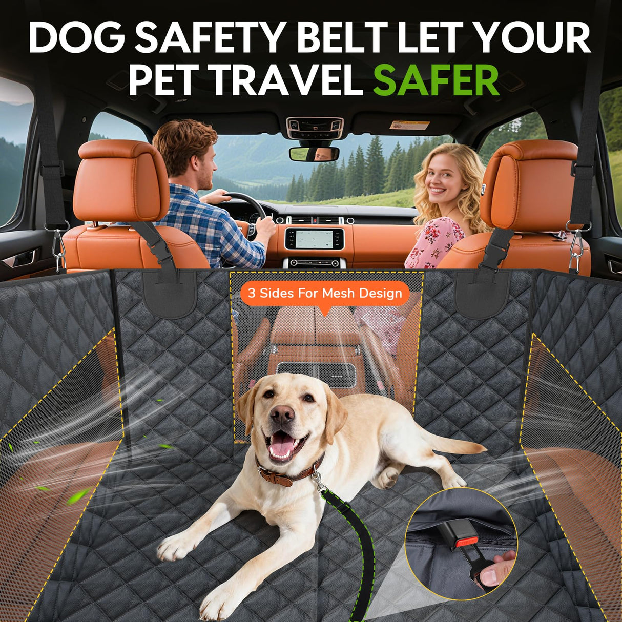 dessports Large PU Dog Car Seat - Waterproof Dog Back Seat Cover with 3 Mesh Windows - Hard Bottom Extender, Safety Belt, Non-Slip Hammock for SUV, Truck, Car