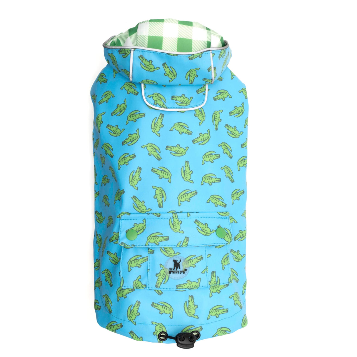 THE WORTHY DOG Blue Alligator London Raincoat – Lightweight Water-Resistant Dog Coat with Reflective Trim, Adjustable Fit, Hood Drawcord & Covered Harness Hole – Blue, X-Large