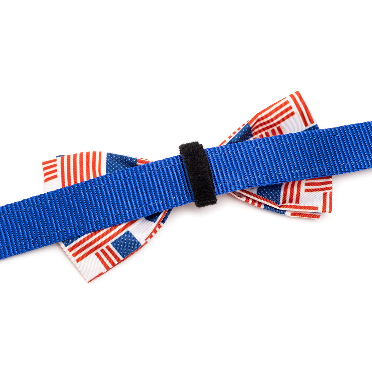 THE WORTHY DOG Pet Bow Tie for Dogs & Cats – Soft Printed Polyester Collar Bow Tie with Touch Fastener, Attaches to Any Collar - Patchwork Flag Pattern, Red/White/Blue, Small