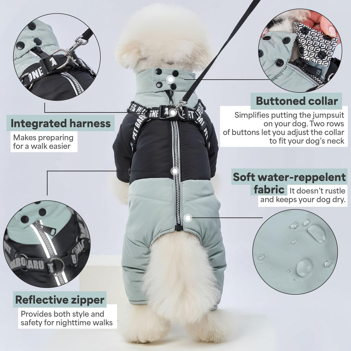 PETBARONET Waterproof Full Body Snowsuit with Harness, Reflective Jacket for Small and Medium Dogs (Green, XL:Chest 18.9'', Length: 14.2'')