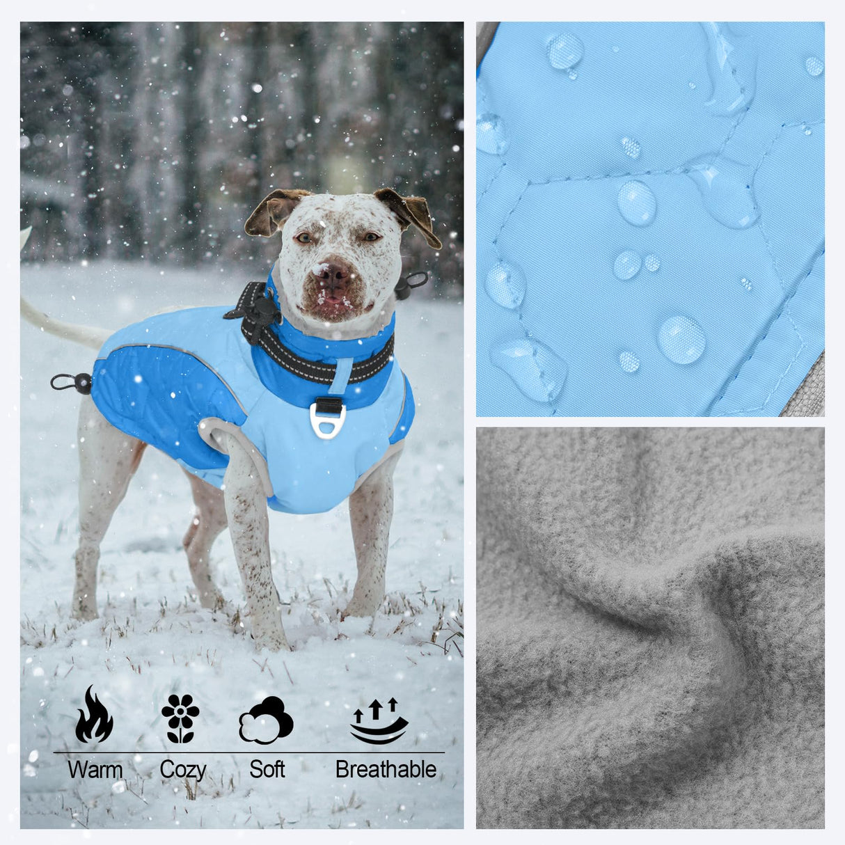 Warm Dog Coat - Reflective, Windproof and Waterproof with D Ring & Adjustable Buckles, Turtleneck, Fleece Lined Large Dog Coats for Winter, Christmas Pet Garment Snowsuit - 3XL Blue