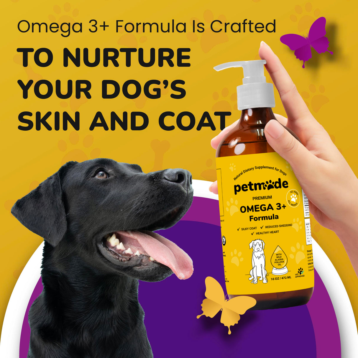 PetMade Omega 3 Fish Oil for Dogs Skin and Coat - Wild Alaskan Pollock Oil for Itchy Skin- Omega 3 Fatty Acids for Dogs - Liquid EPA & DHA Supplements - with Zinc, Vitamin C, B2, B7 & E - 16 Fl Oz