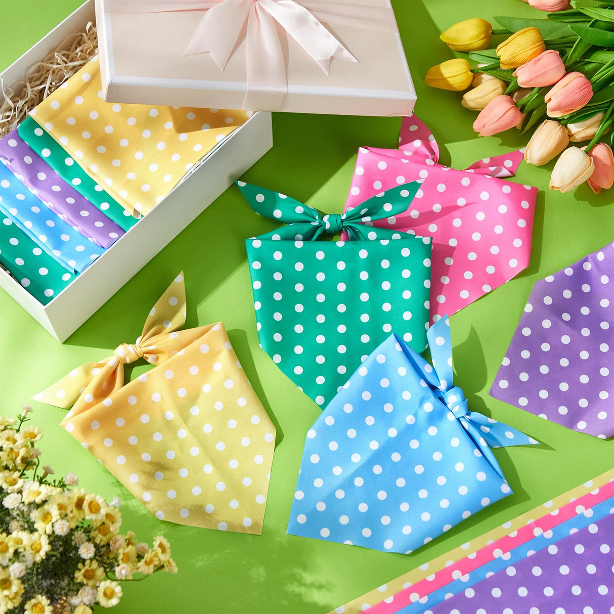 Sanwuta 50 Pcs Easter Polka Dot Dog Bandanas Bulk Pastel Polka Dots Bandanas for Dogs Triangle Kerchief Bib Scarf Set for Pet Costume Photo Props Accessories Pet Shops Adoption Events, 5 Styles