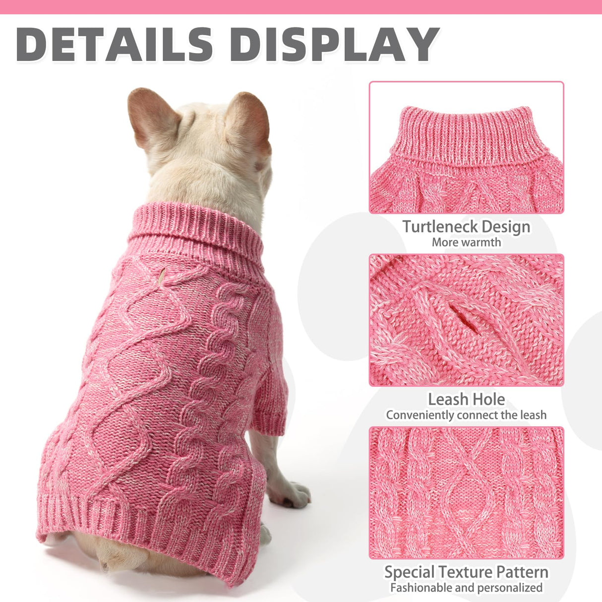 KOOLTAIL Valentines Dog Sweater for Large Medium Small Dogs,Turtleneck Cable Knitwear Pet Cold Weather Coats with Leash Hole, Warm Winter Pullover Clothes for Bulldog, Yorkie,Boy Girl, Pink M