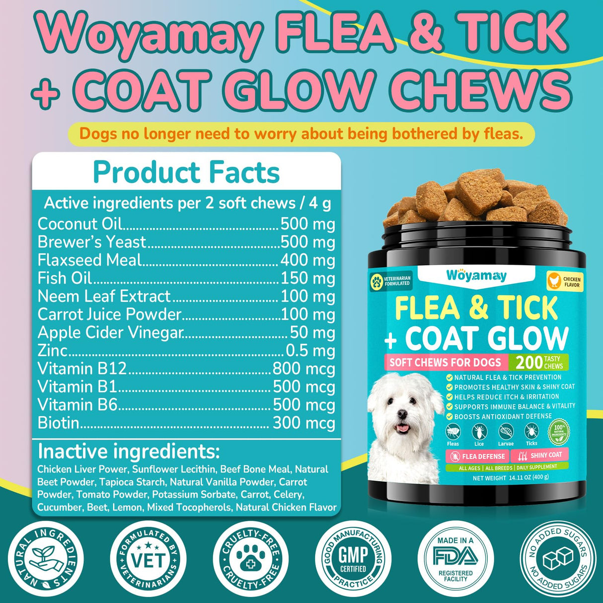 Woyamay Flea + Coat Glow Soft Chews, Natural Flea and Tick Prevention for Dogs, Dog Flea and Tick Treatment Chewable, Reduces Itch & Shedding with Fish Oil & Neem, Chicken Flavor