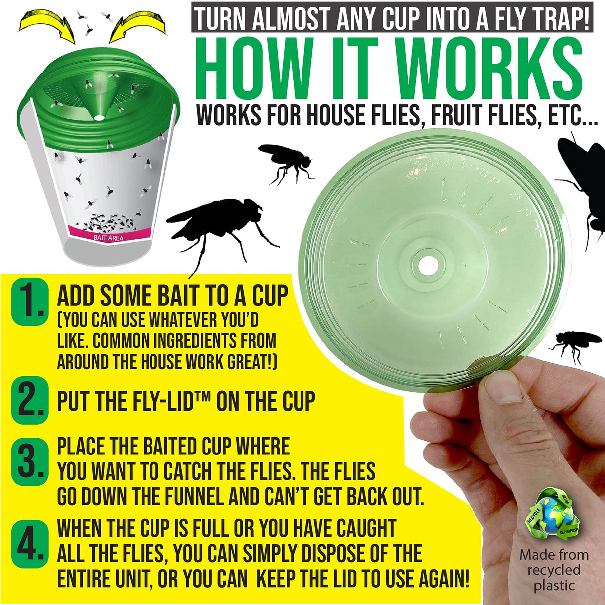 Billy-Bob Fly Lid - Turn Almost Any Cup Into A Fly Trap. Indoor and Outdoor Use - 4 Pack (4 Fly Lids Total)