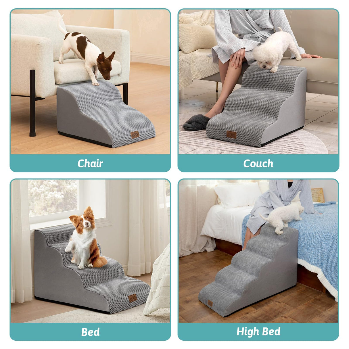 COZY KISS Dog Stairs for Small Dog 22.6" H, Curved Pet Step for Puppy, Older Cat, Medium Pet Ramp for High Bed, Ladder with High Density Foam, Durable, 5 Step, 15.7x33x22.6 inch, Grey