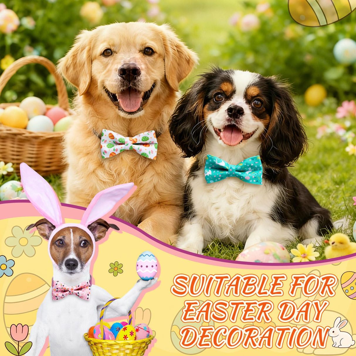 Hillban 50 Pcs Easter Dog Collar Bowties Rabbits Chicks Eggs Carrots Collar Dogs Accessories Attachment with Elastic Bands Detachable Charms for Pets Holiday Costume Photo Props Accessories Shops
