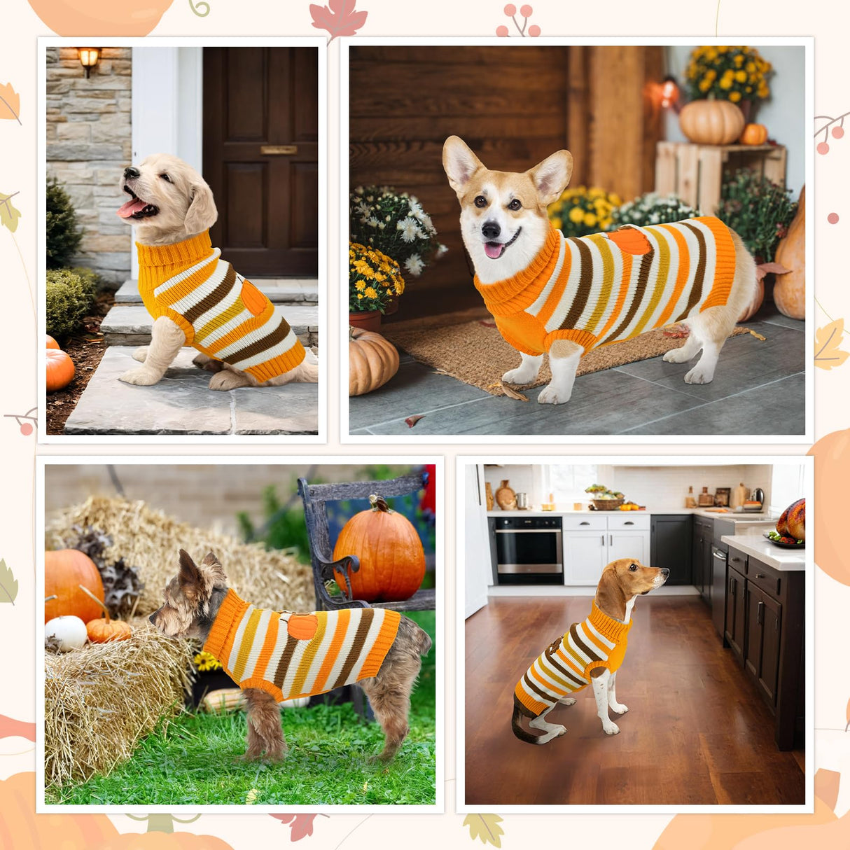Vehomy Thanksgiving Dog Sweater Pet Pumpkin Turkey Clothes Costume Cat Stripe Turtleneck Knitwear Shirt Pullover Dog Puppy Thanksgiving Clothes for Small Medium Large Dogs Cats M