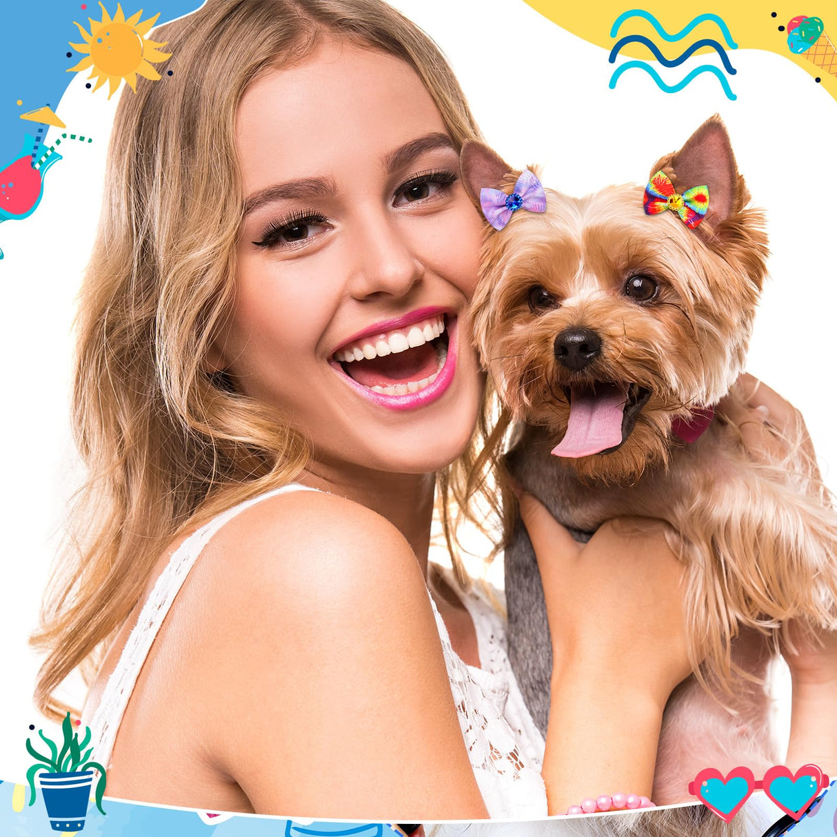 Tondiamo 100 Pack Tie Dye Dog Hair Bows for Dogs Spring Dog Hair Bows with Rubber Bands Puppy Rhinestone Grooming Dog Hair Accessories for Small Girl Dogs