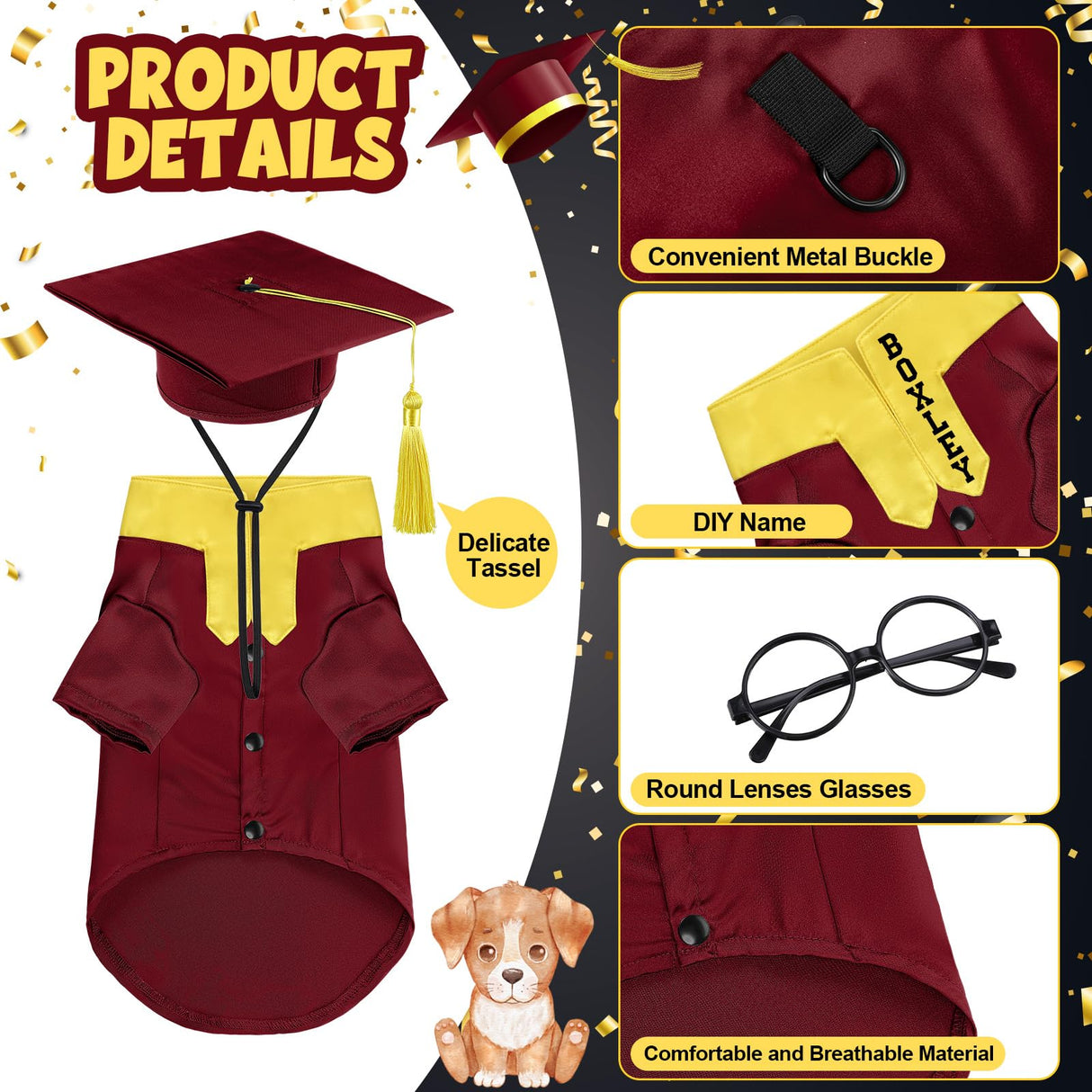 Huhumy 5 Pcs Dog Graduation Costume Set Include 2025 Pet Graduation Gown with Stole Puppy Grad Cap Lensless Glasses DIY Letter Stickers for Dogs Cats Holiday Costume Accessory(Maroon Yellow,XXL)