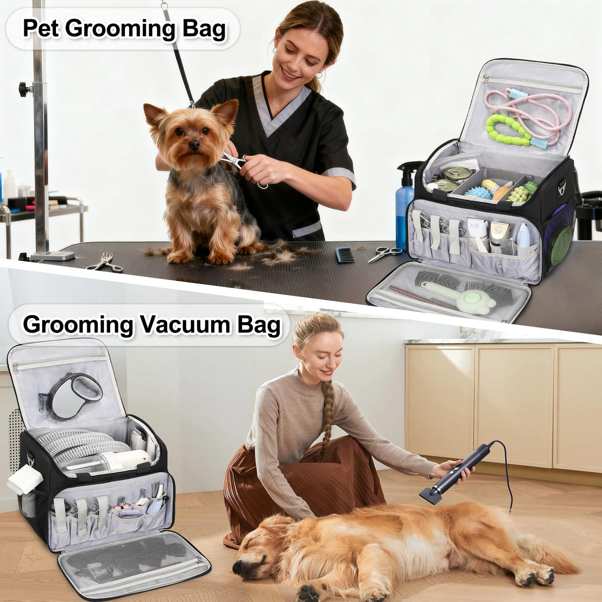 Dog Grooming Vacuum Bag, Pet Grooming Bag Extra Large Dog Grooming Storage Bag with Compartments Professional Travel Animal Groomer's Tool kit Bags for Supplies - for Dogs, Cat & Pet Groomers( Black)