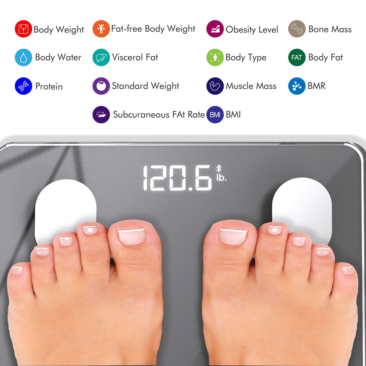Konquest Premium Smart Digital Bathroom Scale, Wireless Bluetooth, BMI, Body Weight, Body Fat, Body Composition Analyzer with Smartphone App (400 lbs) - COOL GRAY