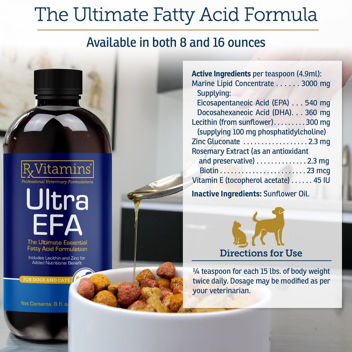 Rx Vitamins Ultra EFA Omega 3 Fish Oil for Dogs & Cats - Promotes Heart, Brain, and Joint Health with Vitamin E, Biotin, and Zinc - Liquid Fish Oil for Itch Relief, Dog Shedding, Coat Health - 8 oz