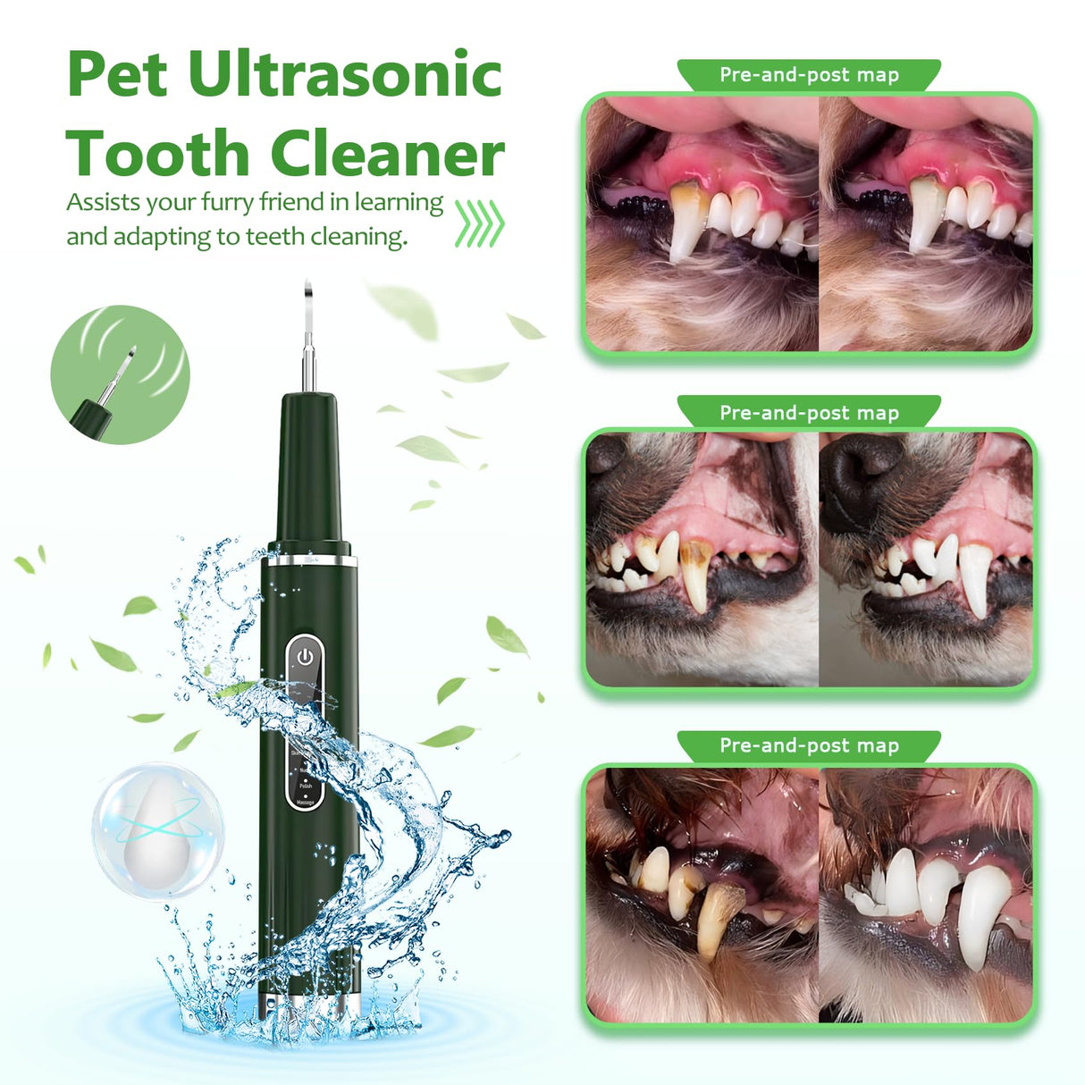 Opdent Dog Plaque and Tartar Remover - Dog Tooth Brushing Kit Electric Toothbrush for Dogs,5 Adjustable Mode& 3 Cleaning Head, Plaque Remover for Teeth Stains for Dogs and Cats (Green)