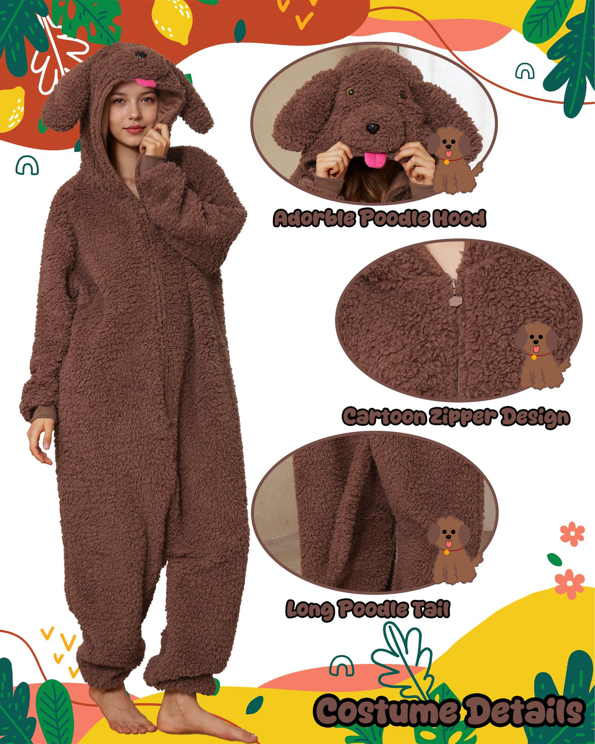 Hrxcrzco Unisex Poodle Dog Onesie Pajamas Cute Puppy Dog Costume Adult Halloween Animal Cosplay Costume Sleepwear Homewear, Dark Brown L