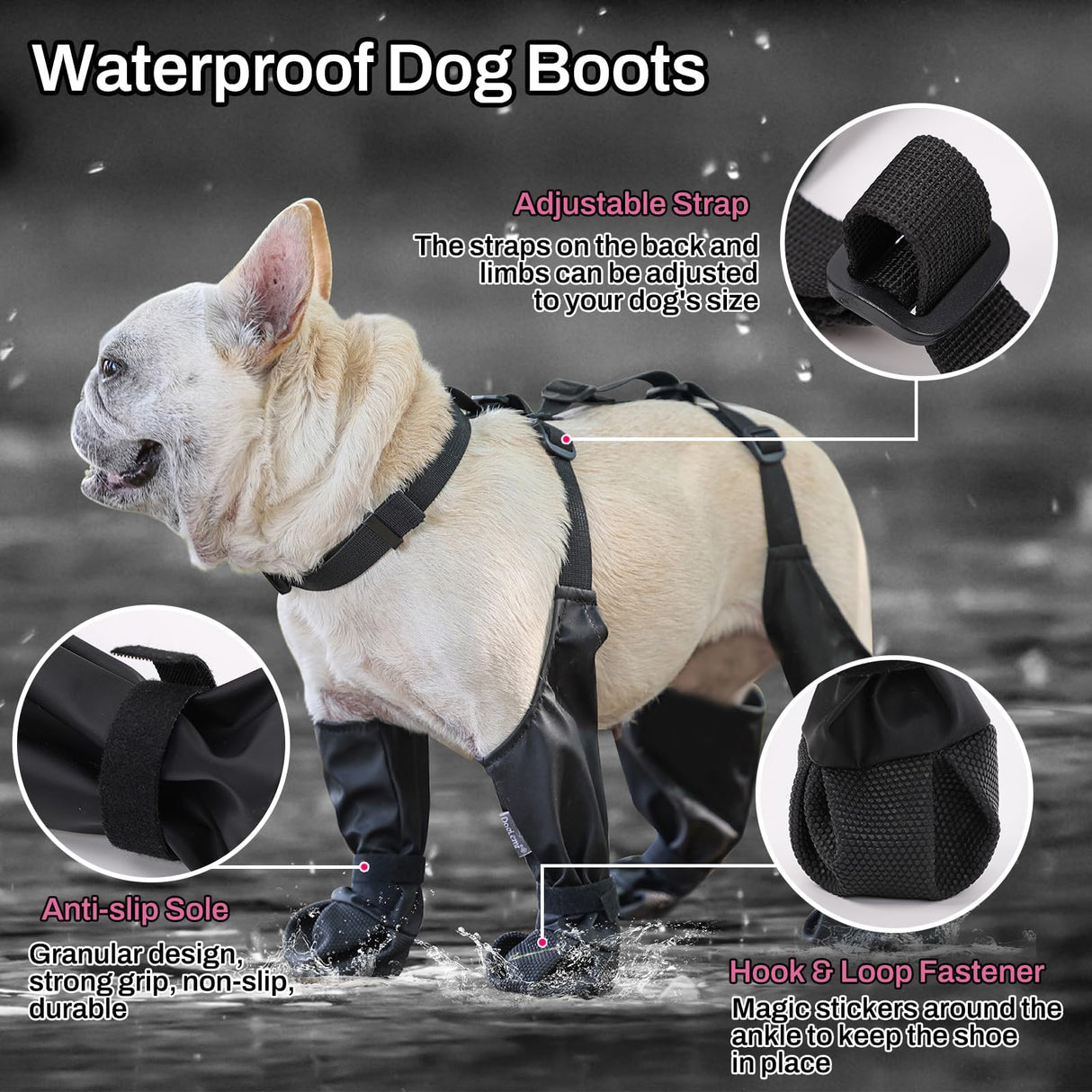 CAPT.SNOOZE Dog Boots Waterproof for Winter - Anti-Slip Paw Shoes for Snow & Rain | Non-Slip Reflective Pet Boots with Adjustable Straps, Small/Medium Dogs