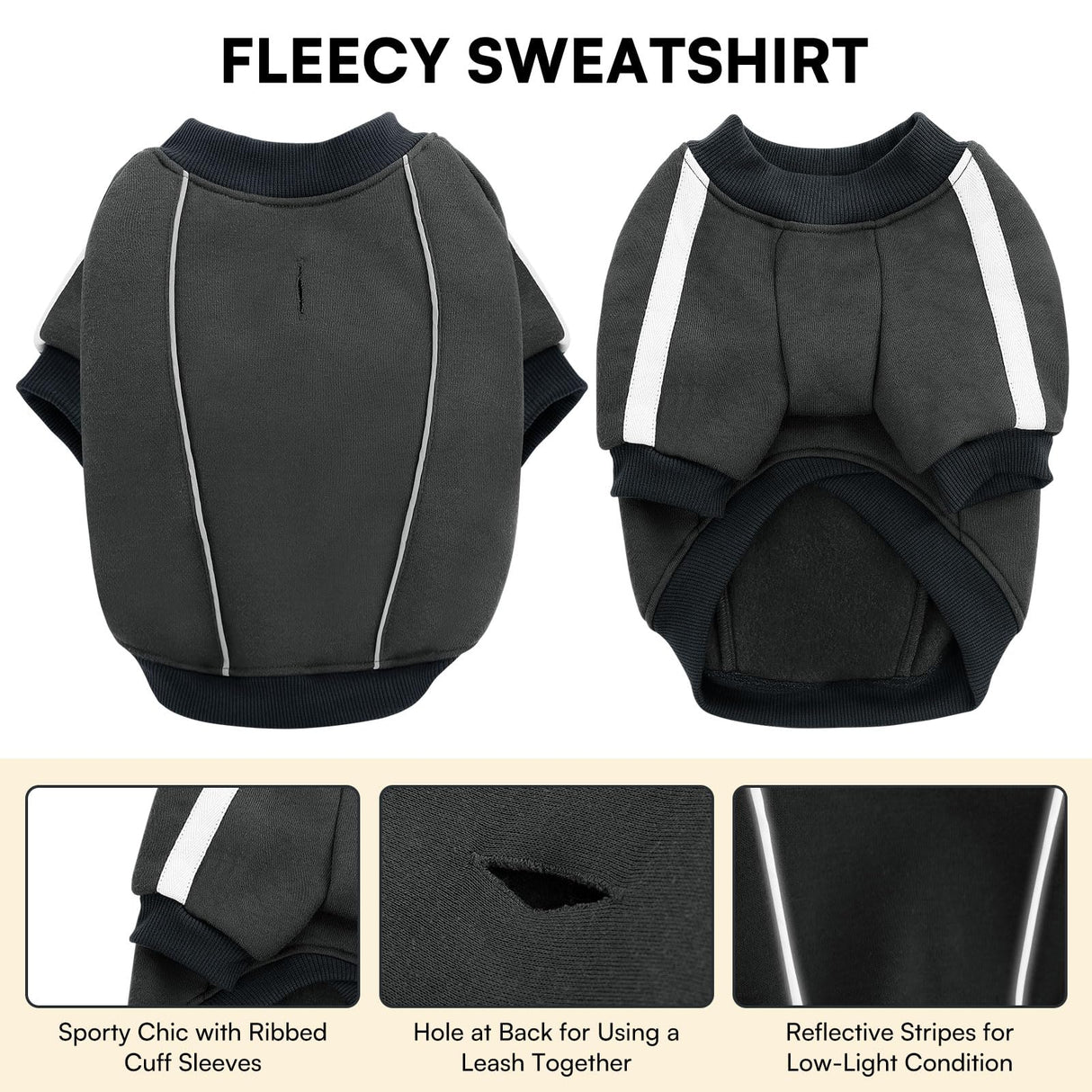 Queenmore Fleece Dog Sweater for Male Dogs, Soft Pullover Dog Sweatshirt with Leash Hole/Reflective Stripes – Cozy Winter Fleece Jacket for Small Medium Large Boy Puppy, Grey XS