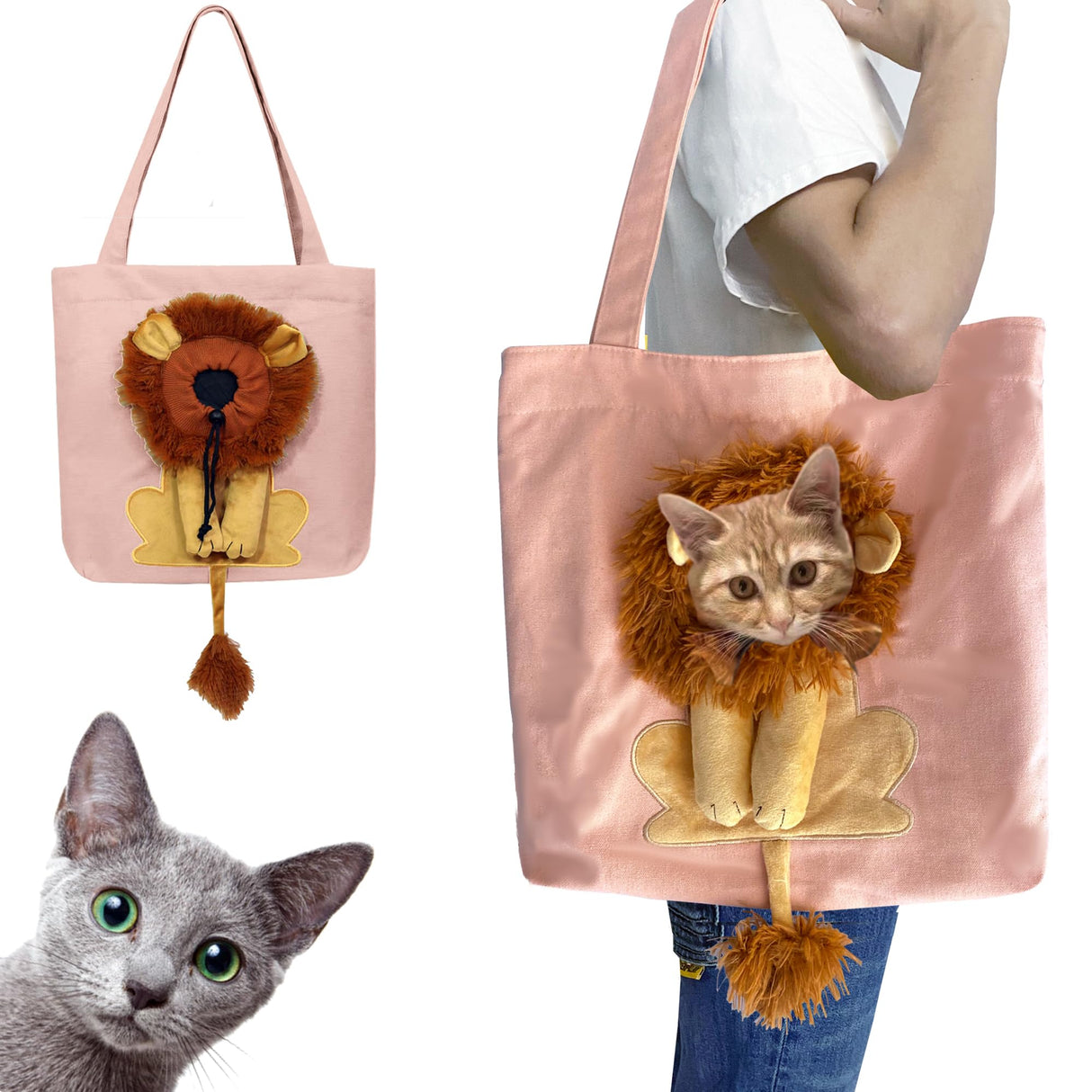 YOOLEETC Lion-Shaped Show Head Pet Canvas Shoulder Bag, Outcrop, Shoulder Bag. (Pink-Large)