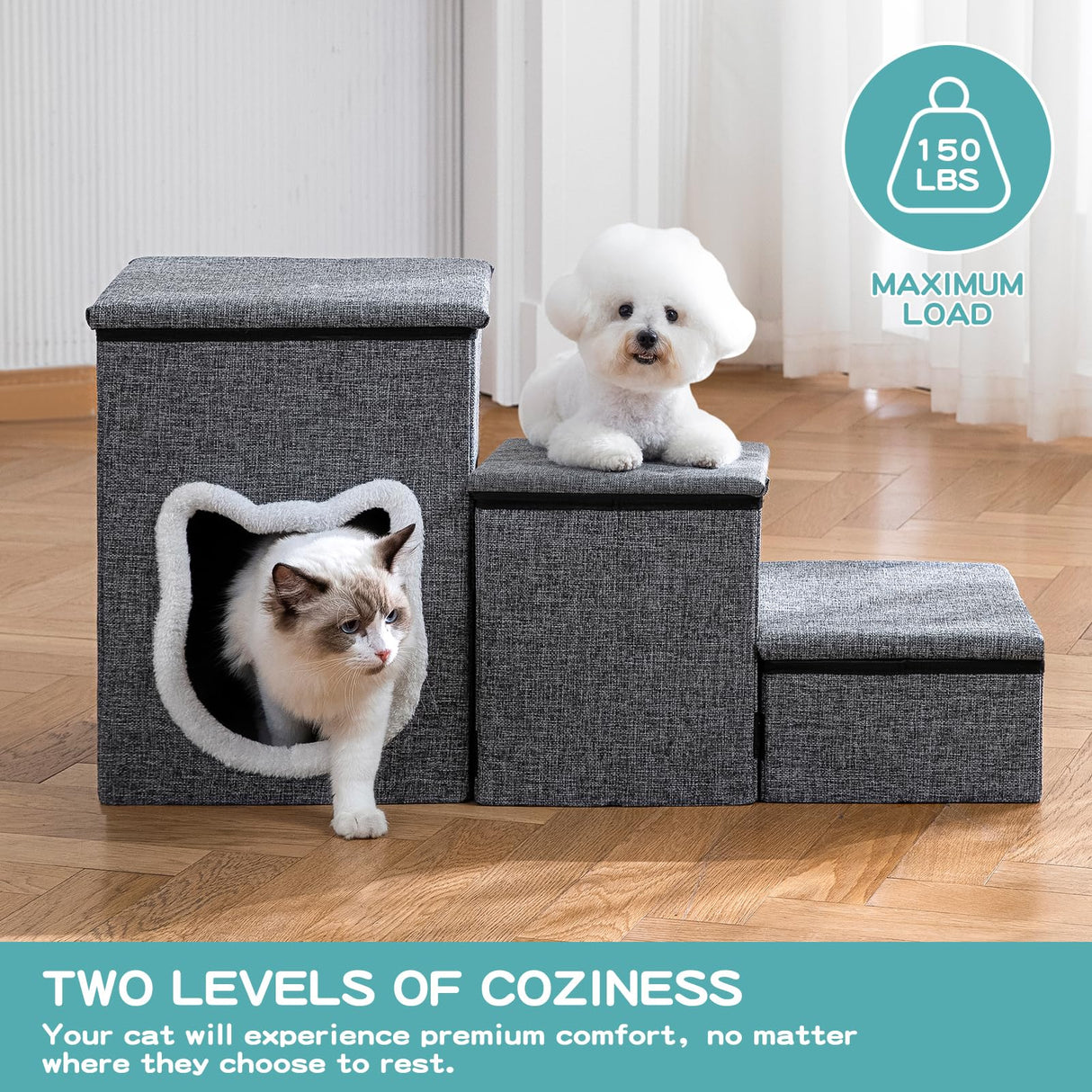Crispedia Dog Stairs for Small Dogs, 3-Step Non-Slip Pet Stairs for Cats, Small Dog Steps with Storage and Condo, Indoor Cat Steps for Older Cats, Arthritis-Friendly, Grey