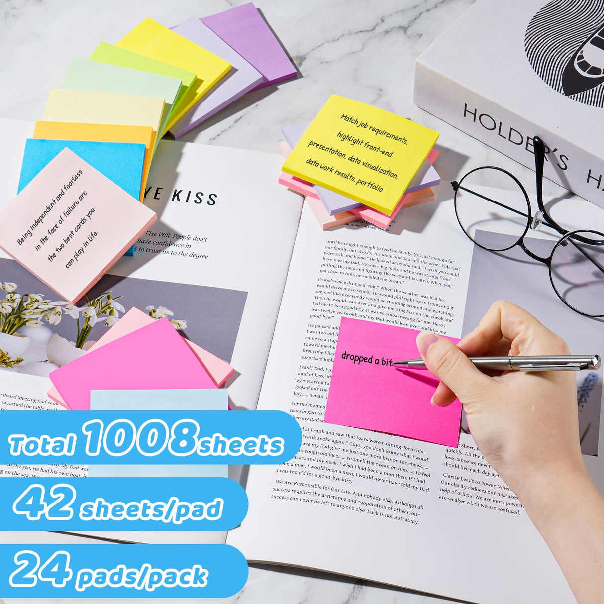 (24 Pads) Sticky Notes 3x3 in Post, 12 Bright Colors Self-Stick Note Pads it, Strong Adhesive, Easy to Post for Home, Office, Notebook